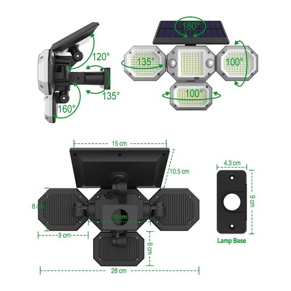 zemty Solarlampen für Außen mit Bewegungsmelder, [2 Stück] 306 LEDs Solar mit Bewegungsmelder 320° Superhelle Wandleuchte Aussen IP65 Wasserdichte 3 Modi Solarleuchten für Außen Garten mit 4 Köpfe