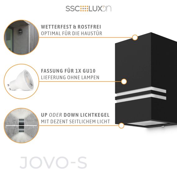 SSC-LUXon Wandleuchte JOVO-S für außen in matt schwarz 230V - up oder down Wandlampe mit Wasserschutz IP44 für 1x GU10 Leuchtmittel