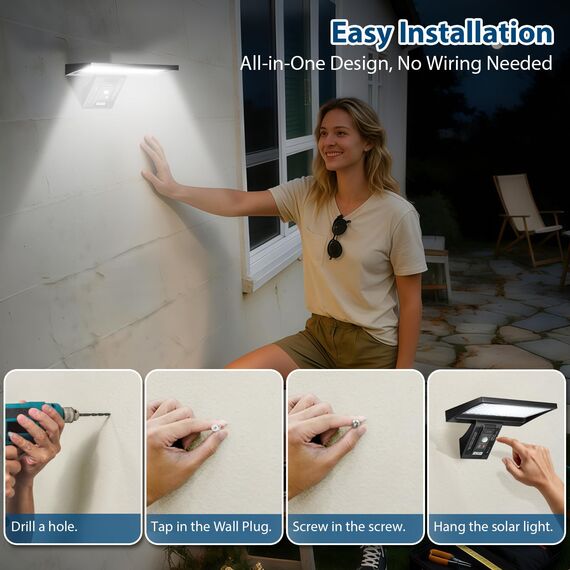 JESLED Solarlampen für Außen, 104 LED 8w 6000k, Superhelle Solarleuchte mit Bewegungsmelder Sicherheitswandleuchte 4 Modi Wasserdichte Wandleuchte Garten.Batterie austauschbar,2 Stück