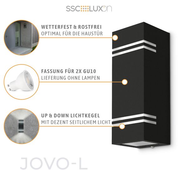 SSC-LUXon Außenwandleuchte JOVO-L für außen in matt schwarz 230V - up & down Wandlampe mit Wasserschutz IP44 für 2x GU10 Leuchtmittel