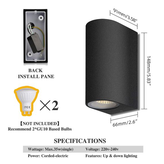 HLFVLITE Außenleuchte Wand GU10 Wandlampen 2 Stück Up and Down Leuchten Aussen Aluminium, IP44 Wasserdichte Wandleuchte Garten Terrasse