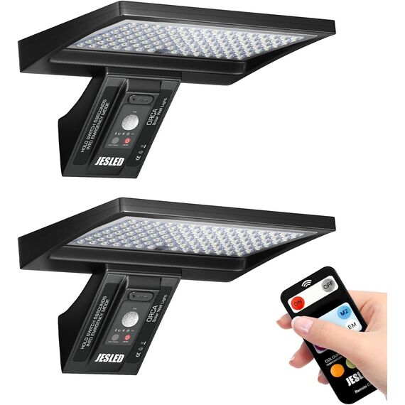 JESLED Solarlampen für Außen mit Bewegungsmelder, 5200 mAh Solarleuchten für Außen 104 LED Solar Lampe Outdoor Ideal für Terrasse, Veranda, Garage, Hof, Straßen, IP65 Wasserdicht, 2 Stück