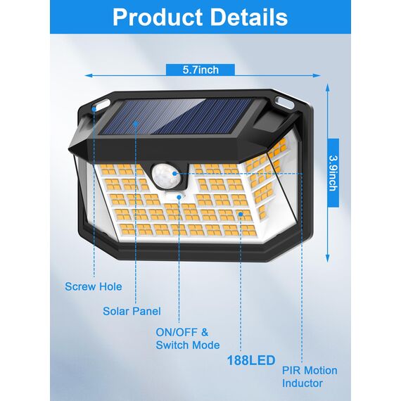 Solarleuchten für den Außenbereich, 【188LED/6 Pack/Warmweiß】 Solar-Sicherheitsleuchten Bewegungsmelder, IP65 wasserdicht, 3 Modi, solarbetriebene Flutlichter für Garten, Zaun, Tür, Hof