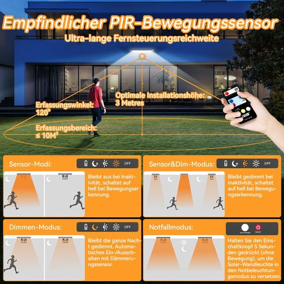 JESLED Solarlampen für Außen mit Bewegungsmelder, 5200 mAh Solarleuchten für Außen 104 LED Solar Lampe Outdoor Ideal für Terrasse, Veranda, Garage, Hof, Straßen, IP65 Wasserdicht