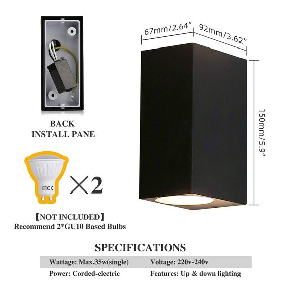 HLFVLITE Außenleuchte Wand GU10 Wandlampen 2 Stück Up and Down Leuchten Aussen Aluminium, IP44 Wasserdichte Wandleuchte Garten Terrasse