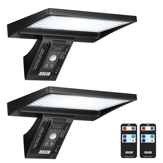 JESLED Solarlampen für Außen, 104 LED 8w 6000k, Superhelle Solarleuchte mit Bewegungsmelder Sicherheitswandleuchte 4 Modi Wasserdichte Wandleuchte Garten.Batterie austauschbar,2 Stück