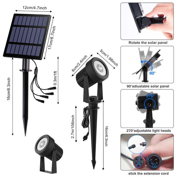 T-SUNUS Gartenstrahler Solar, Solarstrahler für Außen Solarlampen für Außen Garten Kaltweiß mit 2 Helligkeitsmodi, IP65 Wasserdicht, Auto ON/OFF für Garten Weg Terrasse Rasen