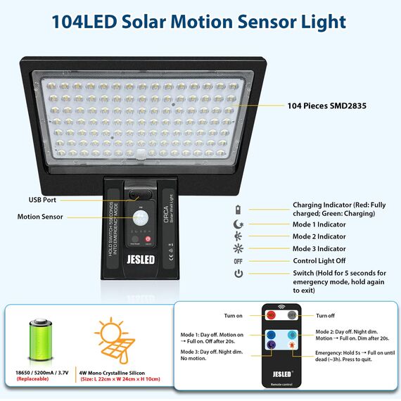 JESLED Solarlampen für Außen, 104 LED 8w 6000k, Superhelle Solarleuchte mit Bewegungsmelder Sicherheitswandleuchte 4 Modi Wasserdichte Wandleuchte Garten.Batterie austauschbar,2 Stück