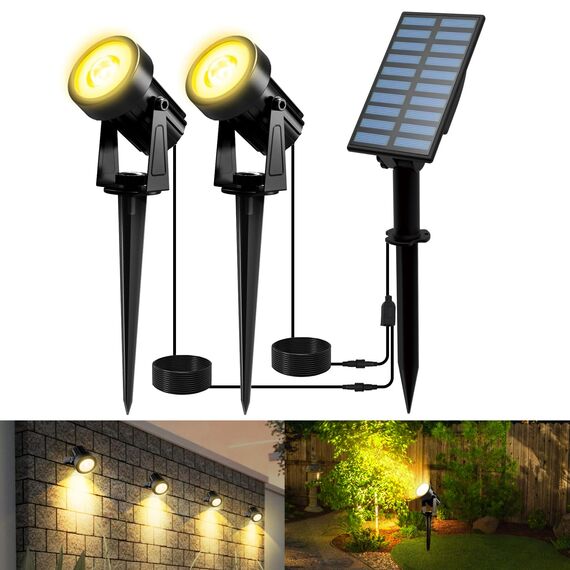 T-SUNUS Solarstrahler für Außen, Gartenstrahler Solar Warmweiß, Auto ON/OFF, IP65 Wasserdicht, Solarlampen für Außen Garten 2 Helligkeitsmodi 3 Meter Kabe für Garten Hof Gehweg