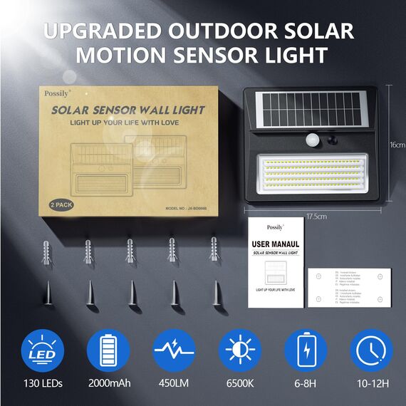 Possily Solarlampen für Außen mit Bewegungsmelder, 2000mAh Solar Außenwandleuchten mit Bewegungsmelder 130LED Solarleuchte für Außen 3 Modi Solar Aussenleuchte IP54 Wasserdichte Wandleuchte für Garten