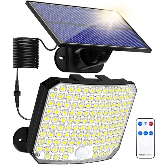 Solar-Sicherheitslicht für den Außenbereich, Solar-Flutlichter mit Bewegungsmelder, 118 LEDs, solarbetriebene PIR-Lichter mit 5 m Kabel für Garten, Hof, separates Solarmodul, 1 Packung