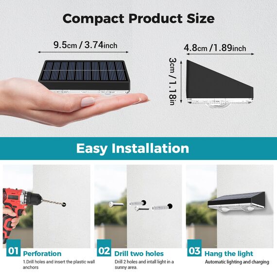 kolpop Solarlampen für Außen Garten, Solar Wandleuchten Aussen mit 3 Farbtemperaturen, IP65 Wasserdichte Solarleuchten für Aussen für Garten Wand Zaun Veranda Terrasse Schwimmbäder-2 Stücke 9.5 * 5cm