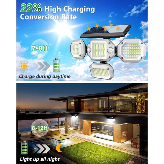 zemty Solarlampen für Außen mit Bewegungsmelder, [2 Stück] 306 LEDs Solar mit Bewegungsmelder 320° Superhelle Wandleuchte Aussen IP65 Wasserdichte 3 Modi Solarleuchten für Außen Garten mit 4 Köpfe