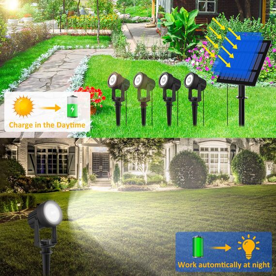 T-SUNUS Gartenstrahler Solar, Solarstrahler für Außen Solarlampen für Außen Garten Kaltweiß mit 2 Helligkeitsmodi, IP65 Wasserdicht, Auto ON/OFF für Garten Weg Terrasse Rasen