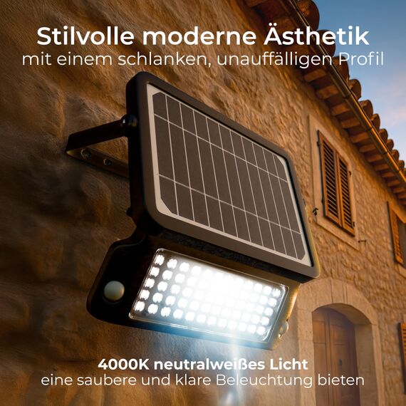Luceco Solarbetriebenes LED-Außenflutlicht mit PIR-Bewegungssensor, Sicherheitsleuchte, Außenbeleuchtung, eckiges Design, verstellbar, Guardian, schwarz, IP65, 10W, 1080lm, 4000 K, LEXSF11B40