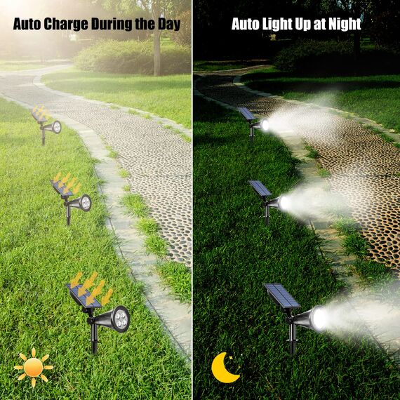 T-SUN LED Solarstrahler, 2 Stück 4 LED Gartenstrahler Solarleuchten, Helle Garten-Licht, 2 Beleuchtungsmodi, Sicherheitsbeleuchtung,Großes Außenlicht für Rasen, Wege,Terrasse(Kaltes Weiß 6000K)