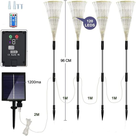 Joysing Gartendeko Solar Gartenleuchte Außen, 4 x 120 LED Solar Feuerwerk Lichter mit Fernbedienung, 8 Modi Gartenstecker Solar Lichter Wasserdicht Solarlampen für Garten Terrasse Deko Warmweiß