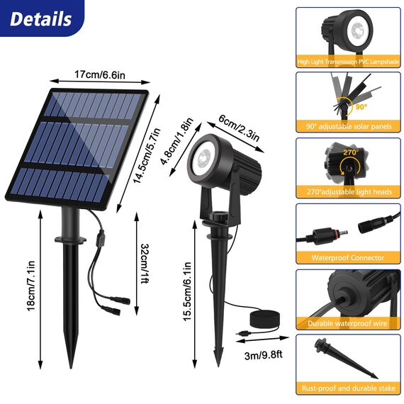 T-SUNUS Gartenstrahler Solar Außen, Solarlampen für Außen Garten 6000K Kaltweiß IP65 Wasserdicht Solar Gartenleuchte Auto ON/OFF 2 Helligkeitsmodi für Garten Garage Weg Baum
