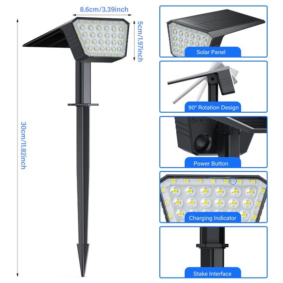 FIFlying Solarlampen für Außen Garten, 2 Stück 7000K Kaltweiß Solarstrahler, Solarleuchte mit IP67 Wasserdicht, 3 Beleuchtungsmodi, für Außen, Garten, Rasen, Anlage, Statue, Hof, Wege