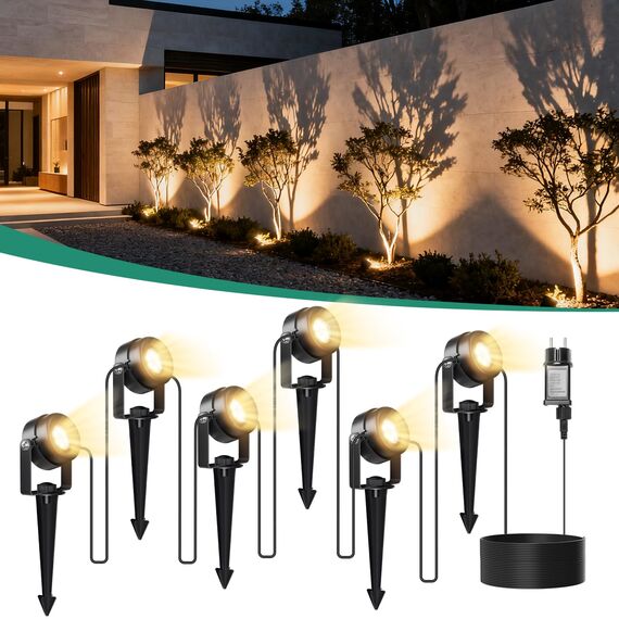 FIFlying Gartenbeleuchtung LED, 6 in 1 Gartenstrahler Strom mit 20m Kabel, 3000K Außenlampe, IP65 Wasserdicht Gartenlampen für Draußen, Gartenbrunnen, Rasenflächen, Pflanzen, Skulpturen, Wege, Zäune