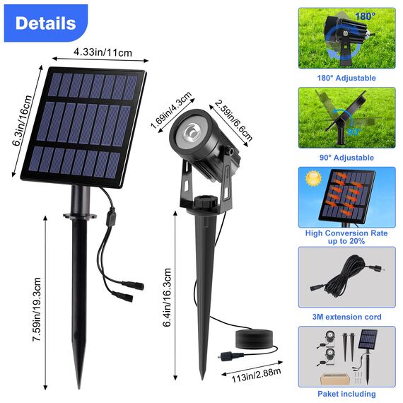 T-SUNUS Solarstrahler für Außen, Solarlampen für Außen Garten IP65 Wasserdicht, Gartenstrahler Solar Warmweiß, Auto ON/OFF 2 Helligkeitsmodi, 3 Meter Kabe für Baum Terrasse Hof Gehweg