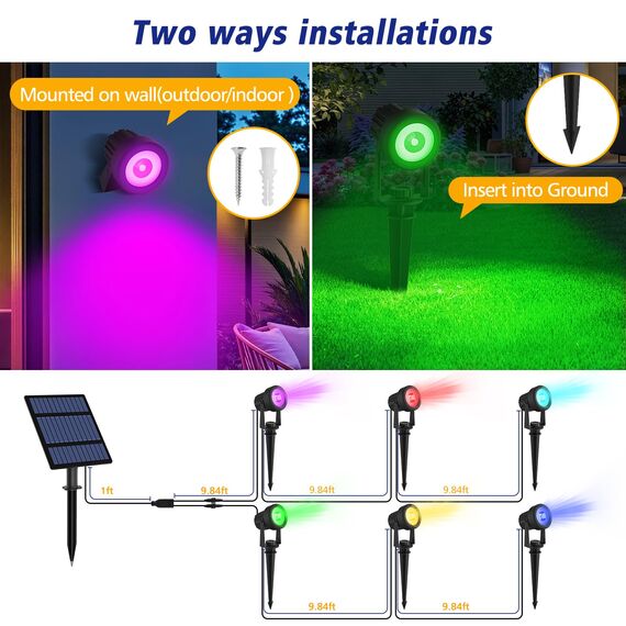 T-SUNUS Gartenstrahler Solar RGB, Solar Gartenleuchte RGB Solarlampen für Außen mehrfarbig mit 6 Farbwechsel IP65 wasserdicht Auto ON/OFF für Garten Garage Eingang Zäune Baum