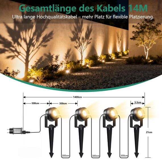 FIFlying Gartenbeleuchtung LED, 4 in 1 Gartenstrahler Strom mit 14m Kabel, 3000K Außenlampe, IP65 Wasserdicht Gartenlampen für Draußen, Gartenbrunnen, Rasenflächen, Pflanzen, Skulpturen, Wege, Zäune