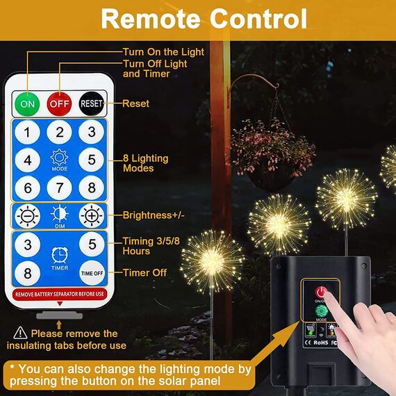 Joysing Gartendeko Solar Gartenleuchte Außen, 4 x 120 LED Solar Feuerwerk Lichter mit Fernbedienung, 8 Modi Gartenstecker Solar Lichter Wasserdicht Solarlampen für Garten Terrasse Deko Warmweiß