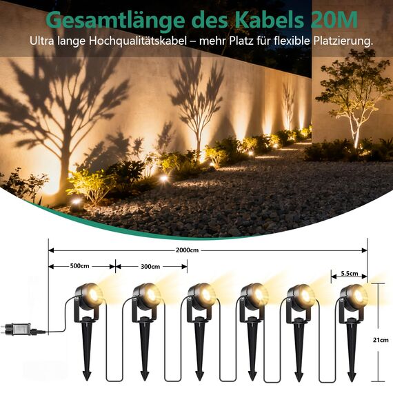 FIFlying Gartenbeleuchtung LED, 6 in 1 Gartenstrahler Strom mit 20m Kabel, 3000K Außenlampe, IP65 Wasserdicht Gartenlampen für Draußen, Gartenbrunnen, Rasenflächen, Pflanzen, Skulpturen, Wege, Zäune