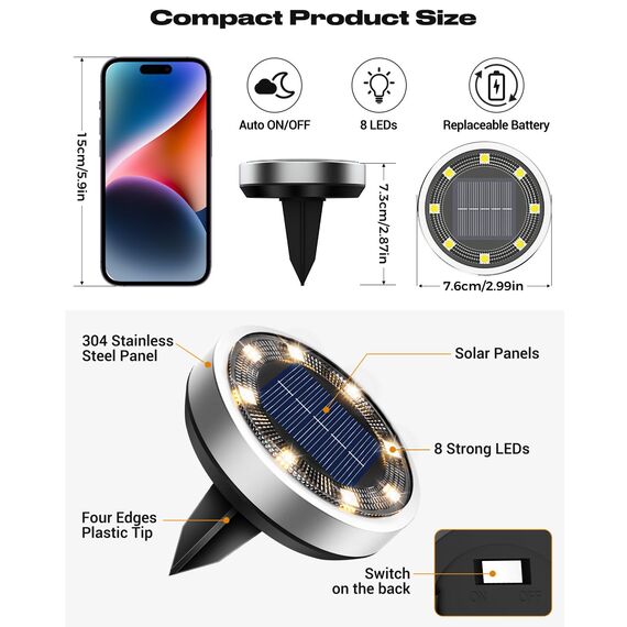 btfarm 2 Stück Solar Bodenleuchten Aussen, 8 LED Gartenbeleuchtung Solar Wasserdicht Boden Solarleuchten, Solarlampen für Außen Garten Rasen Auffahrt Gehweg Patio, Warmes Weiß