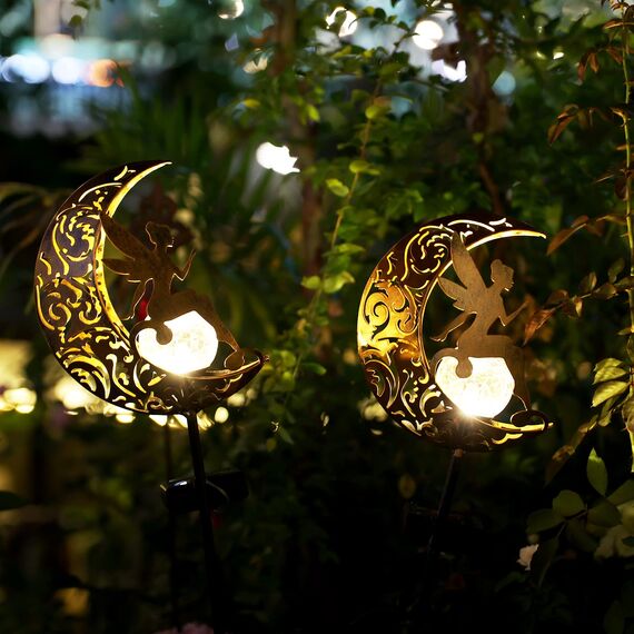 YJFWAL Mond-Solarleuchten Garten Solarlampen für Außen, 1 Stück Gartendeko Blumenfee Figuren Wasserdichte Solarleuchte Garten Deko Elfe Metall LED Pfahlpfad Weihnachten Deko Leuchten Balkon