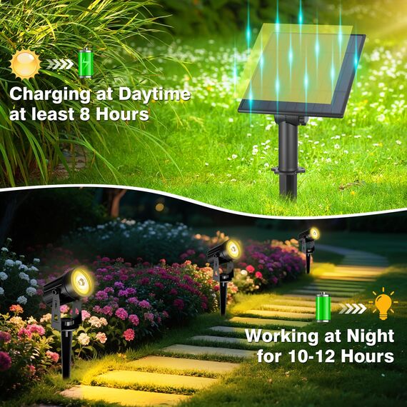T-SUNUS Solarstrahler für Außen, Solarlampen für Außen Garten IP65 Wasserdicht, Gartenstrahler Solar Warmweiß, Auto ON/OFF 2 Helligkeitsmodi, 3 Meter Kabe für Baum Terrasse Hof Gehweg