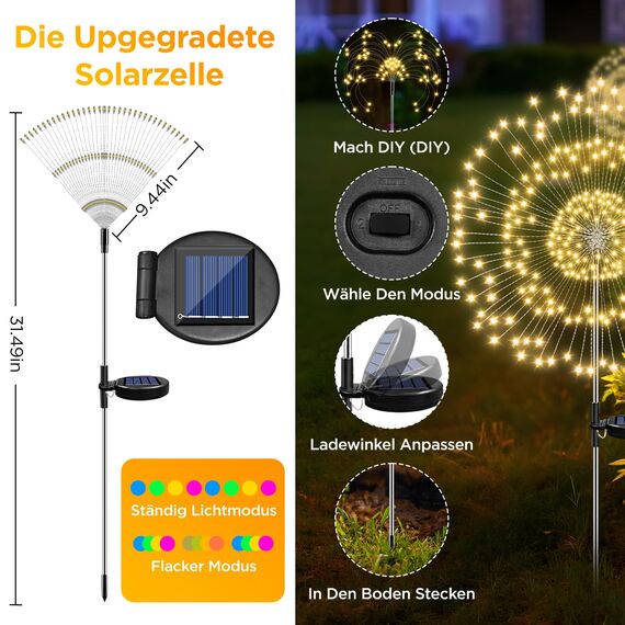 HELESIN Gartendeko Solar Gartenleuchte Außen 2 Stück, 2 Modi Gartendeko Draußen Wetterfest, 120 LED Solarleuchten Feuerwerk, Solarlampen für Außen für Wege, Hof Deko(Warmweiß)