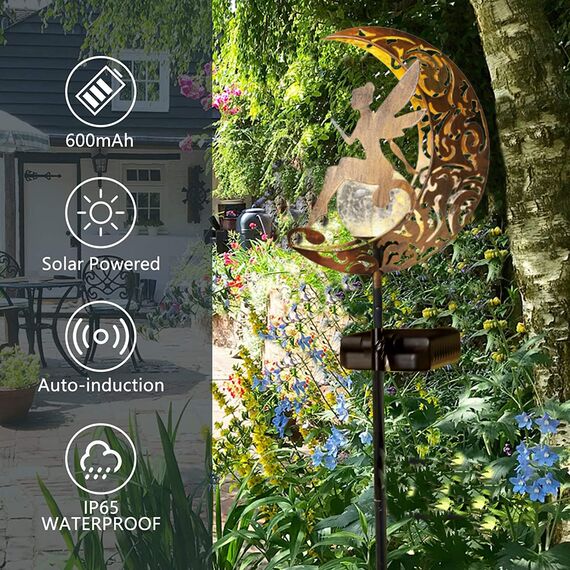 YJFWAL Mond-Solarleuchten Garten Solarlampen für Außen, 1 Stück Gartendeko Blumenfee Figuren Wasserdichte Solarleuchte Garten Deko Elfe Metall LED Pfahlpfad Weihnachten Deko Leuchten Balkon