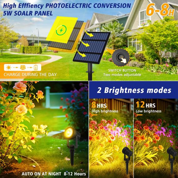 T-SUNUS Solarlampen für Außen Garten, 6 IN 1 Solar Gartenleuchte IP65 Wasserdicht Gartenstrahler Solar Außen Auto ON/OFF 2 Helligkeitsmodi für Garten Garage Eingang Zäune Baum 3000K