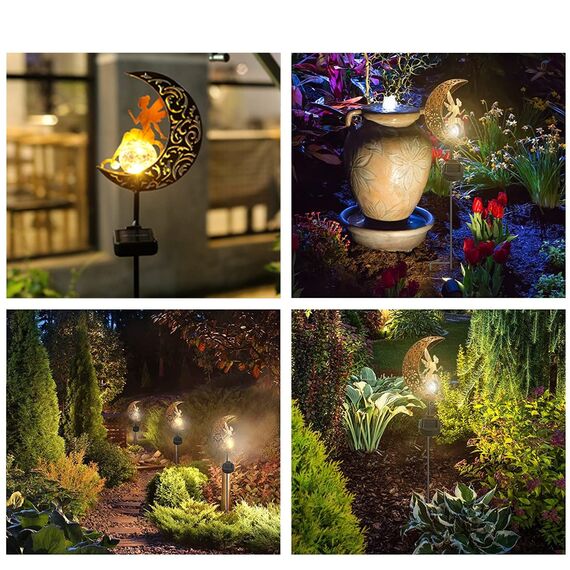 YJFWAL Mond-Solarleuchten Garten Solarlampen für Außen, 1 Stück Gartendeko Blumenfee Figuren Wasserdichte Solarleuchte Garten Deko Elfe Metall LED Pfahlpfad Weihnachten Deko Leuchten Balkon
