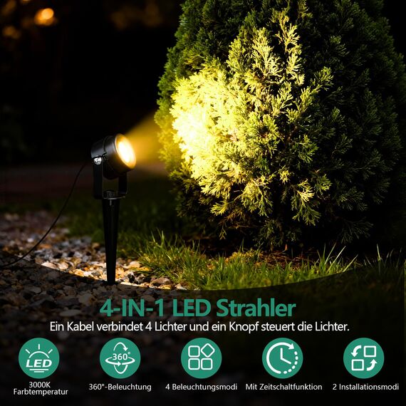 FIFlying Gartenbeleuchtung LED, 4 in 1 Gartenstrahler Strom mit 14m Kabel, 3000K Außenlampe, IP65 Wasserdicht Gartenlampen für Draußen, Gartenbrunnen, Rasenflächen, Pflanzen, Skulpturen, Wege, Zäune