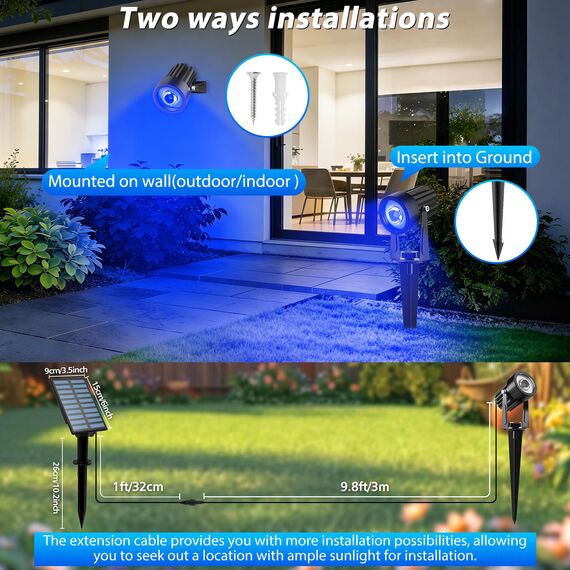 T-SUNUS Gartenstrahler Solar, Solarstrahler für außen Auto On/Off Solar Gartenleuchte Wasserdicht für Garten Auffahrt Weg Swimmingpool Blau