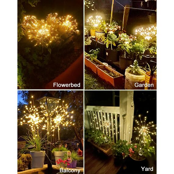 Joysing Gartendeko Solar Gartenleuchte Außen, 2 Stück 120 LED Solarleuchten Feuerwerk 8 Modi Gartenleuchten Solar Wasserdicht Pusteblume Gartenstecker für Terrasse Rasen Garten Deko