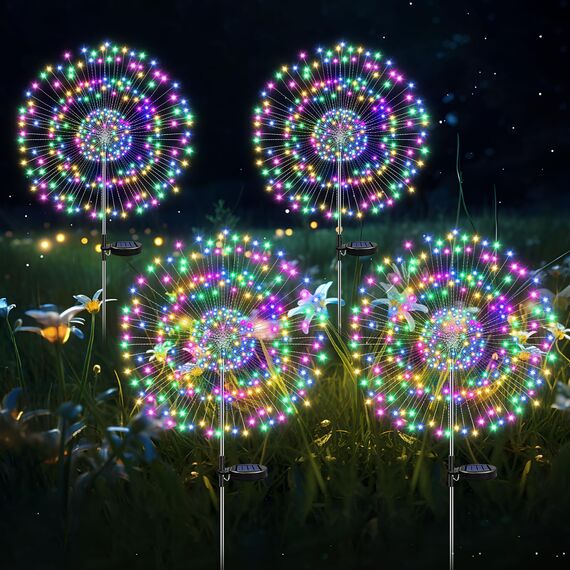 HELESIN Solarleuchten für Außen Garten 4 Stück, 2 Beleuchtungsmodi Gartendeko für Draußen wetterfest, 105 LED Solar Feuerwerk Gartenlichter, Solarlampen für Außen für Wege, Hof Deko (Mehrfarbig)