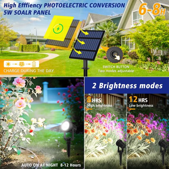 T-SUNUS Gartenstrahler Solar Außen, Solarlampen für Außen Garten 6000K Kaltweiß IP65 Wasserdicht Solar Gartenleuchte Auto ON/OFF 2 Helligkeitsmodi für Garten Garage Weg Baum