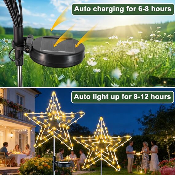 Joysing Gartendeko Solar Gartenleuchte Außen Stern 2 Stück 75 LED Gartenstecker Beleuchtet, 8 Modi Gartenstecker Stern wasserdichte Weihnachtsstern for Garten Weihnachten Deko
