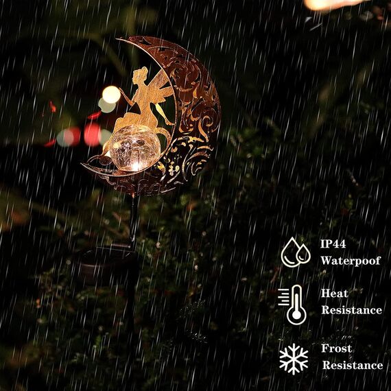 YJFWAL Mond-Solarleuchten Garten Solarlampen für Außen, 1 Stück Gartendeko Blumenfee Figuren Wasserdichte Solarleuchte Garten Deko Elfe Metall LED Pfahlpfad Weihnachten Deko Leuchten Balkon