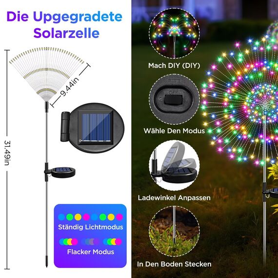 HELESIN Solarleuchten für Außen Garten 4 Stück, 2 Beleuchtungsmodi Gartendeko für Draußen wetterfest, 105 LED Solar Feuerwerk Gartenlichter, Solarlampen für Außen für Wege, Hof Deko (Mehrfarbig)