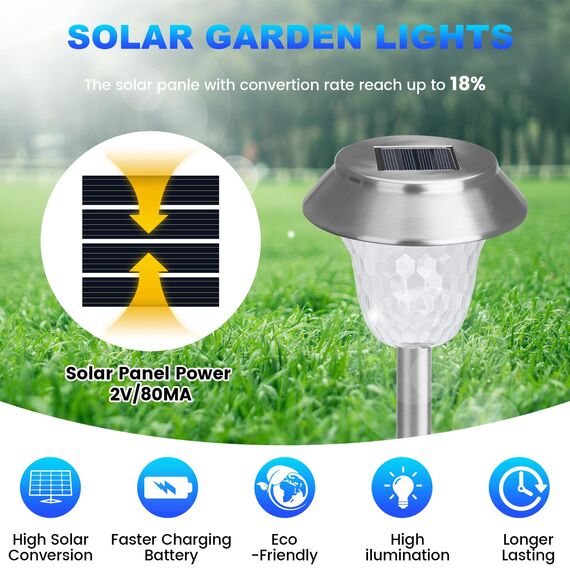 ZEWETO Solarlampen für Außen Garten, 4 Stuck LED Solarleuchten, Einfacher Wechsel zwischen zwei Modi, IP65 Winterfest, 10 Stunden Lang Anhaltendes Edelstahl Dekorative Licht für Außen, RasenLandschaft