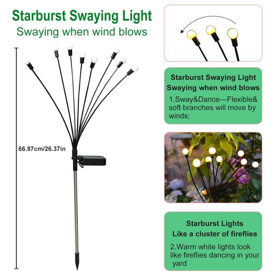 YJFWAL Firefly Solar-gartenlichter Außen 2 Stück Glühwürmchen Lichter Wasserdicht Swinging Garten Lichter für Pathway Weihnachten Yard Patio-Landschaft Dekoratives, 8LED Jede (Warm-Weiß, 2 Stück)