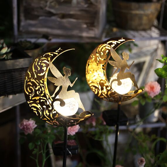 YJFWAL Mond-Solarleuchten Garten Solarlampen für Außen, 2 Stück Gartendeko Blumenfee Figuren Wasserdichte Solarleuchte Garten Deko Elfe Metall LED Pfahlpfad Deko Leuchten Balkon Weihnachten Deko