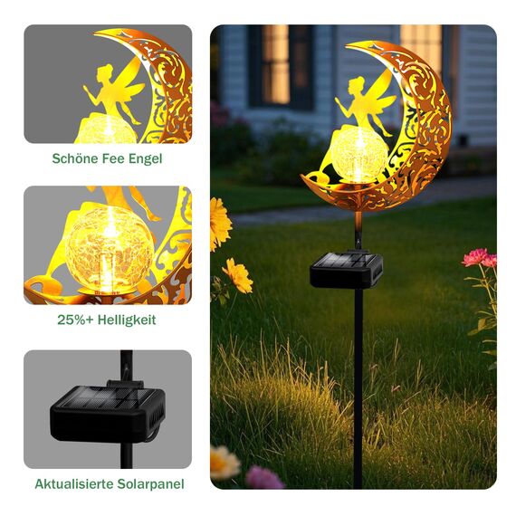 YJFWAL Mond-Solarleuchten Garten Solarlampen für Außen, 2 Stück Gartendeko Blumenfee Figuren Wasserdichte Solarleuchte Garten Deko Elfe Metall LED Pfahlpfad Deko Leuchten Balkon Weihnachten Deko