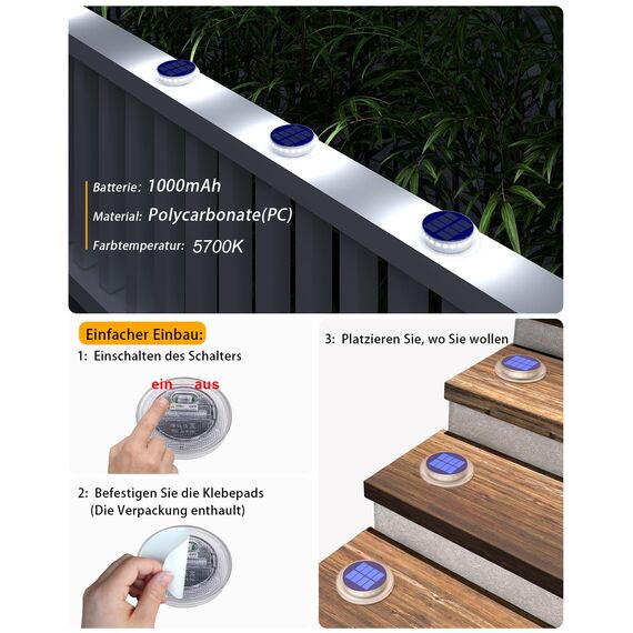 YiLaie Solarleuchten für Außen, Solarlampen für Außen garten 360° LED Solar Treppe Licht IP68 Wasserdicht mit Auto On/Off Solar Weg Licht, Weiß Licht 5700K, 6 Stück