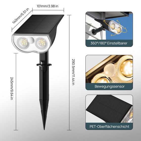 Linkind 1000Lm Aussen Solarleuchten mit Bewegungsmelder, 3000K Warmweiß 24-LED Solar Gartenleuchte mit 3 Modi, 2-in-1 Montage, IP67 LED Garten Solar Strahler für Eingang, Weg, 4 Stück, StarRay